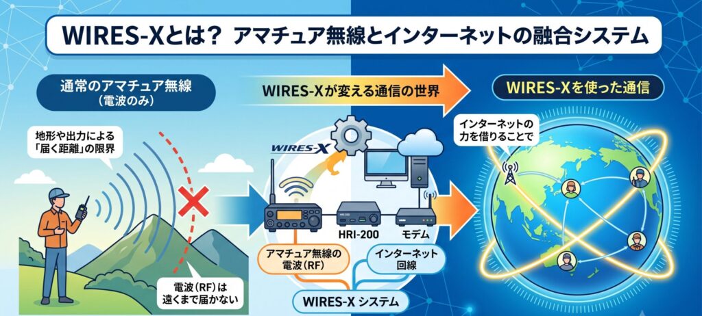 WIRES-Xとは？アマチュア無線とインターネットを融合させ、地球規模の交信を可能にする画期的システムを初心者向けに徹底解説！「ノード」や「ルーム」等の専門用語から、次世代デジタルC4FMの高音質、無料登録の仕組みまで、onAIrs.netがわかりやすくお届けします。