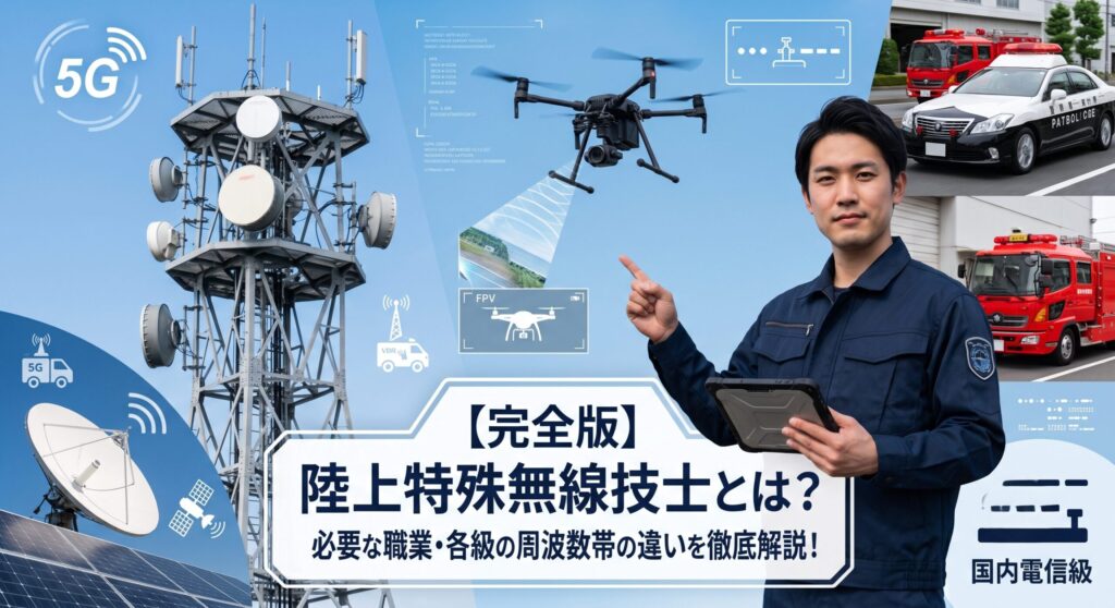 陸上特殊無線技士とは？1級～3級の違いは？本記事では、携帯基地局エンジニアから産業用ドローン操縦士まで各級が必要な職業を徹底解説。5.7GHz帯ドローンと資格の深い関係や、電波法に基づく操作範囲（周波数・出力）の違いもプロがわかりやすく解説します。